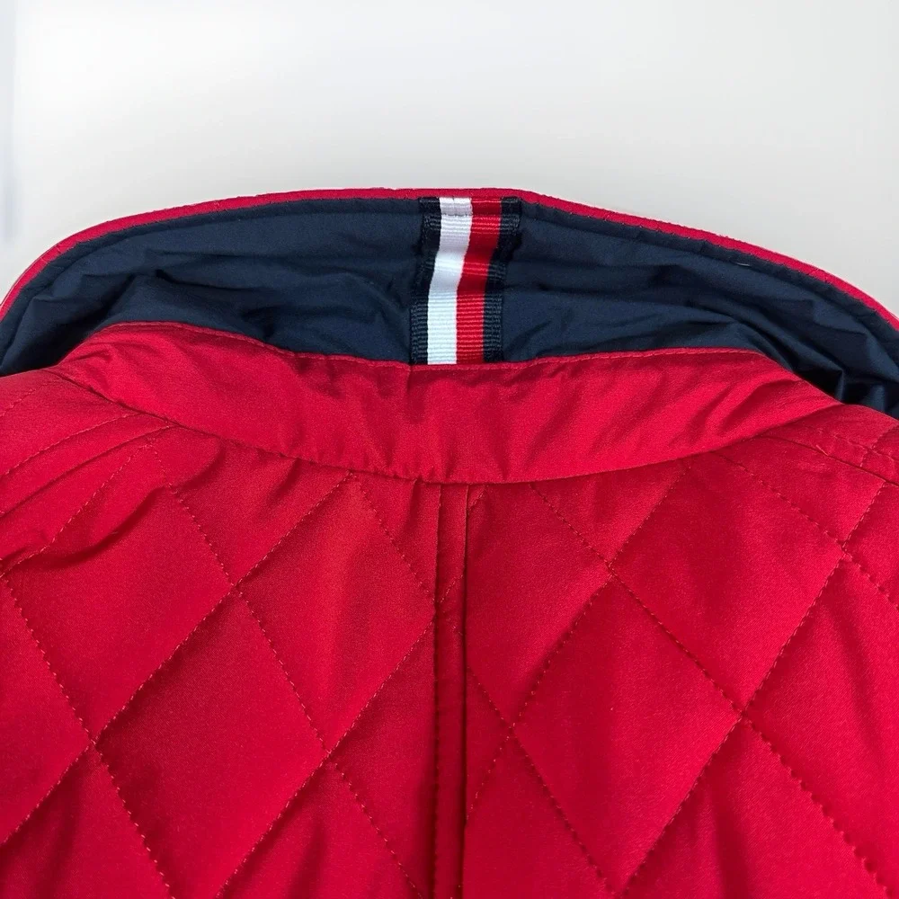 Tommy Hilfiger Womens Quilted Jacket L Red Diamond Snap Preppy Equestrian Urban